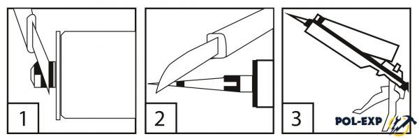 Для работы нужно отрезать кончик картриджа над резьбой (1), навинтить пластиковый наконечник и отрезать кончик наконечника (2) и поместить картридж в пистолет (3)