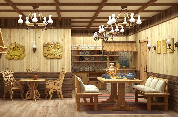 Интерьер комнаты для отдыха в бане деревенского стиля